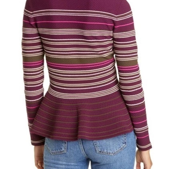 Ted Baker London Leytina Striped Peplum Burgundy Sweater SZ 2 - Picture 2 of 7